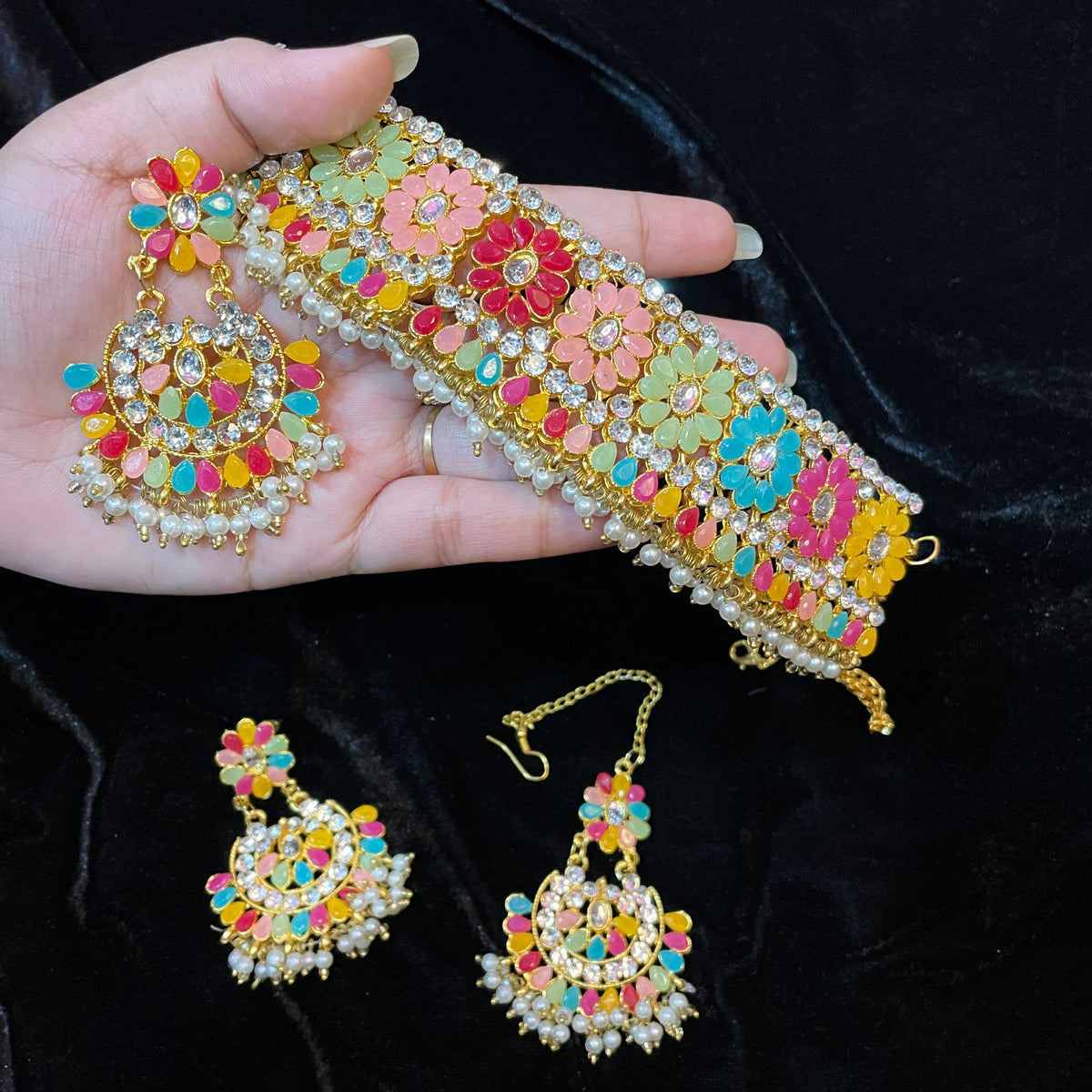 Choker Necklace, Tikli & Earrings Set for Women and Girls