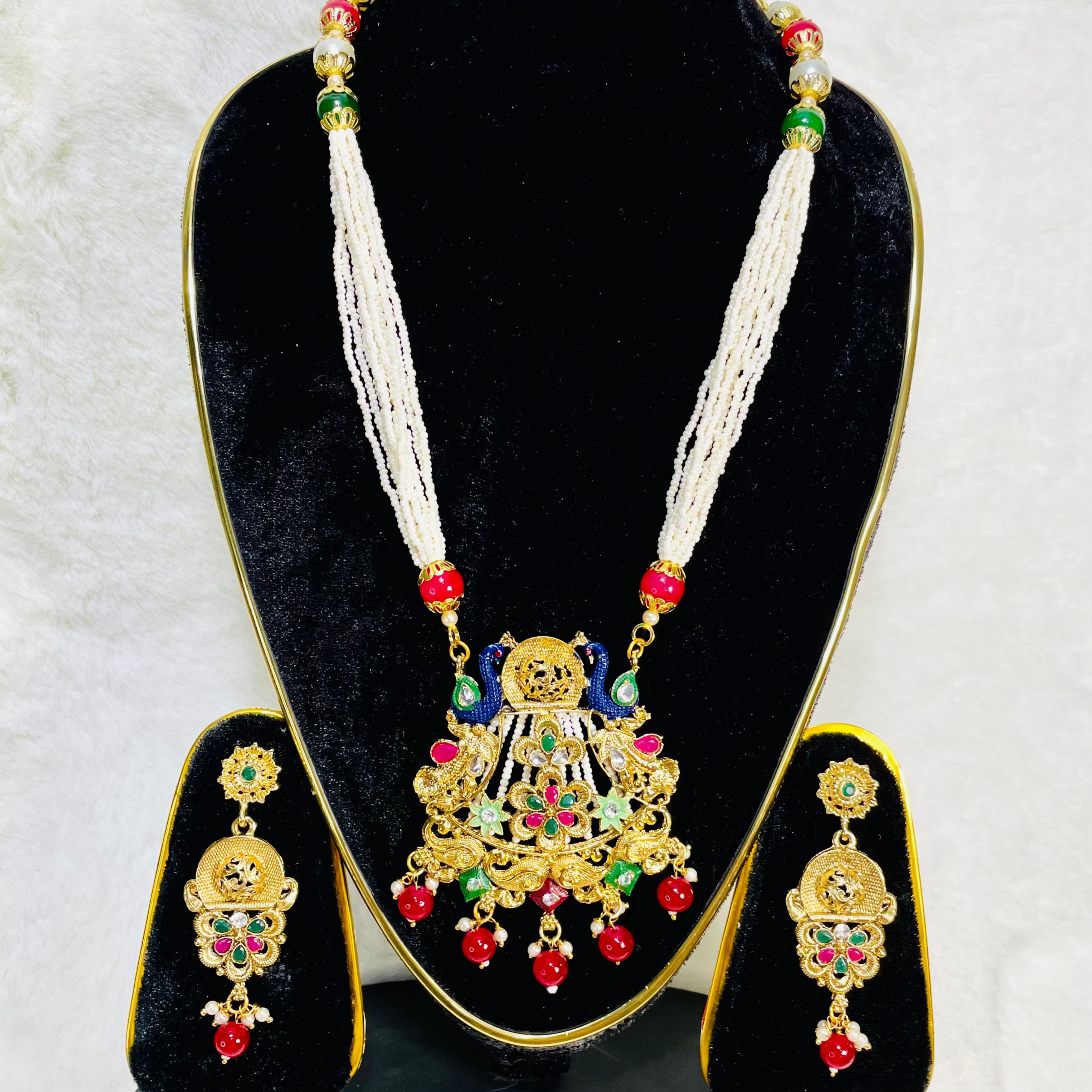 Indian Gold Plated Pearl Rani Haar Necklace Earrings Set