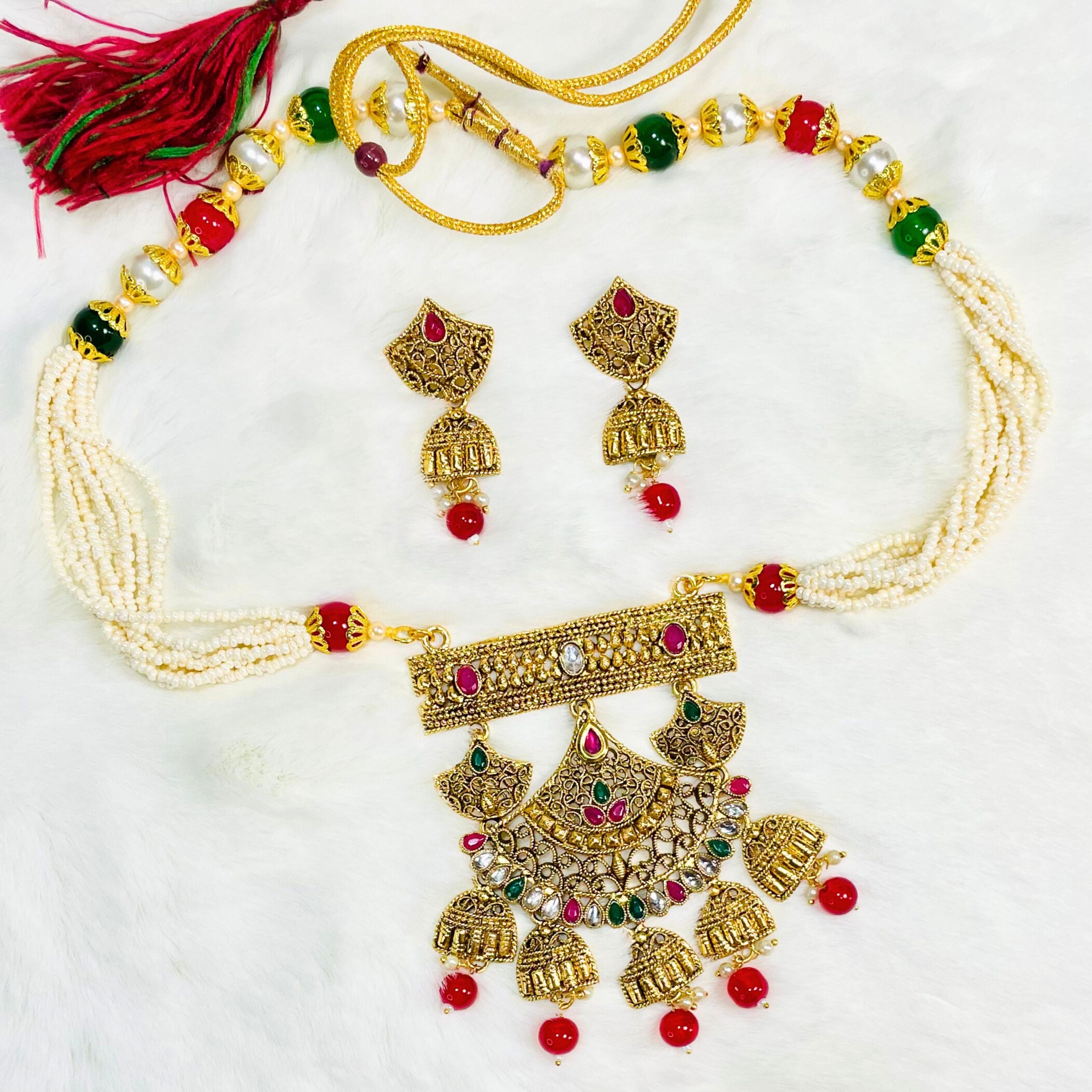 Indian Gold Plated Pearl Rani Haar Necklace Earrings Set
