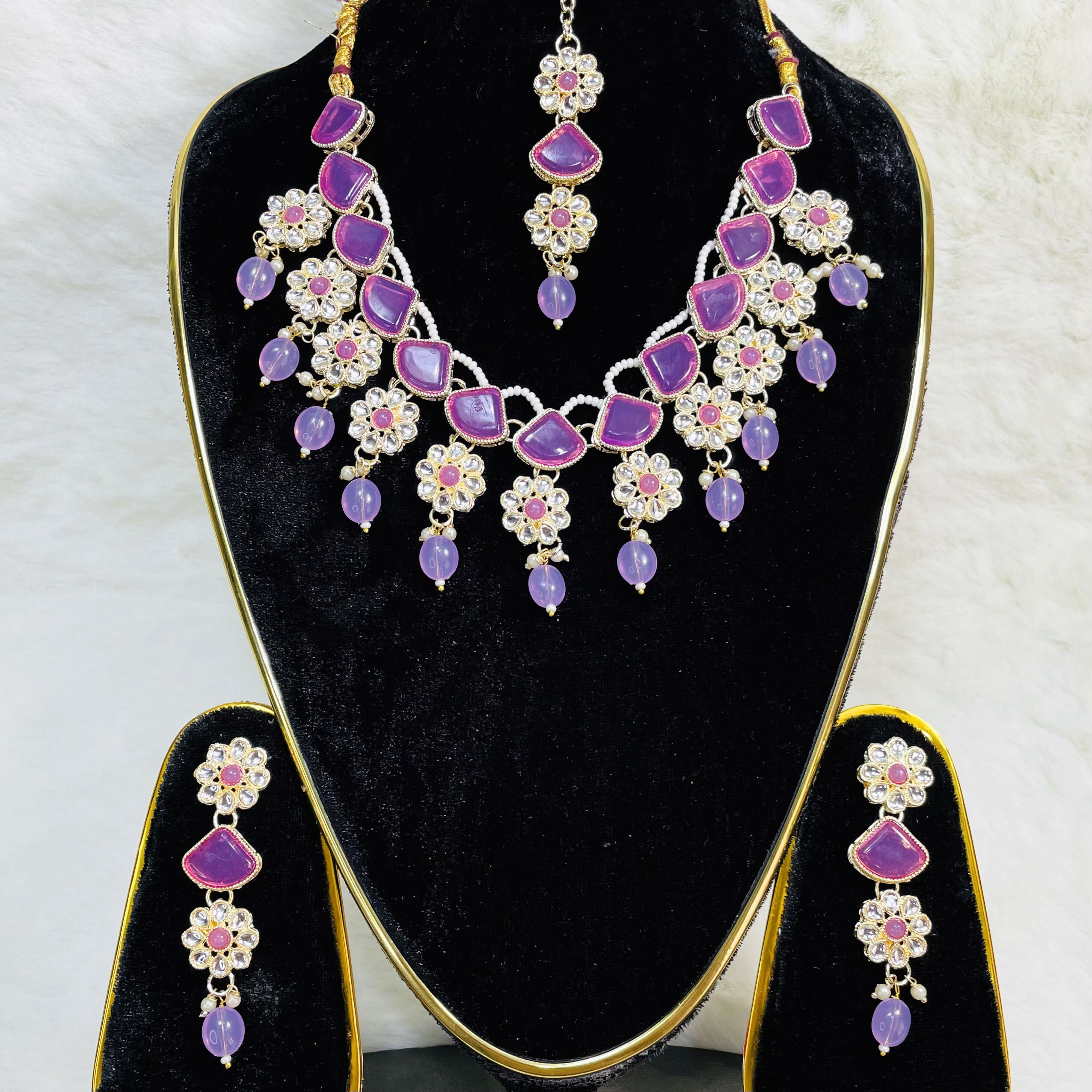 Premium Fancy Stones Necklace & Earrings. Maang Tikka Set