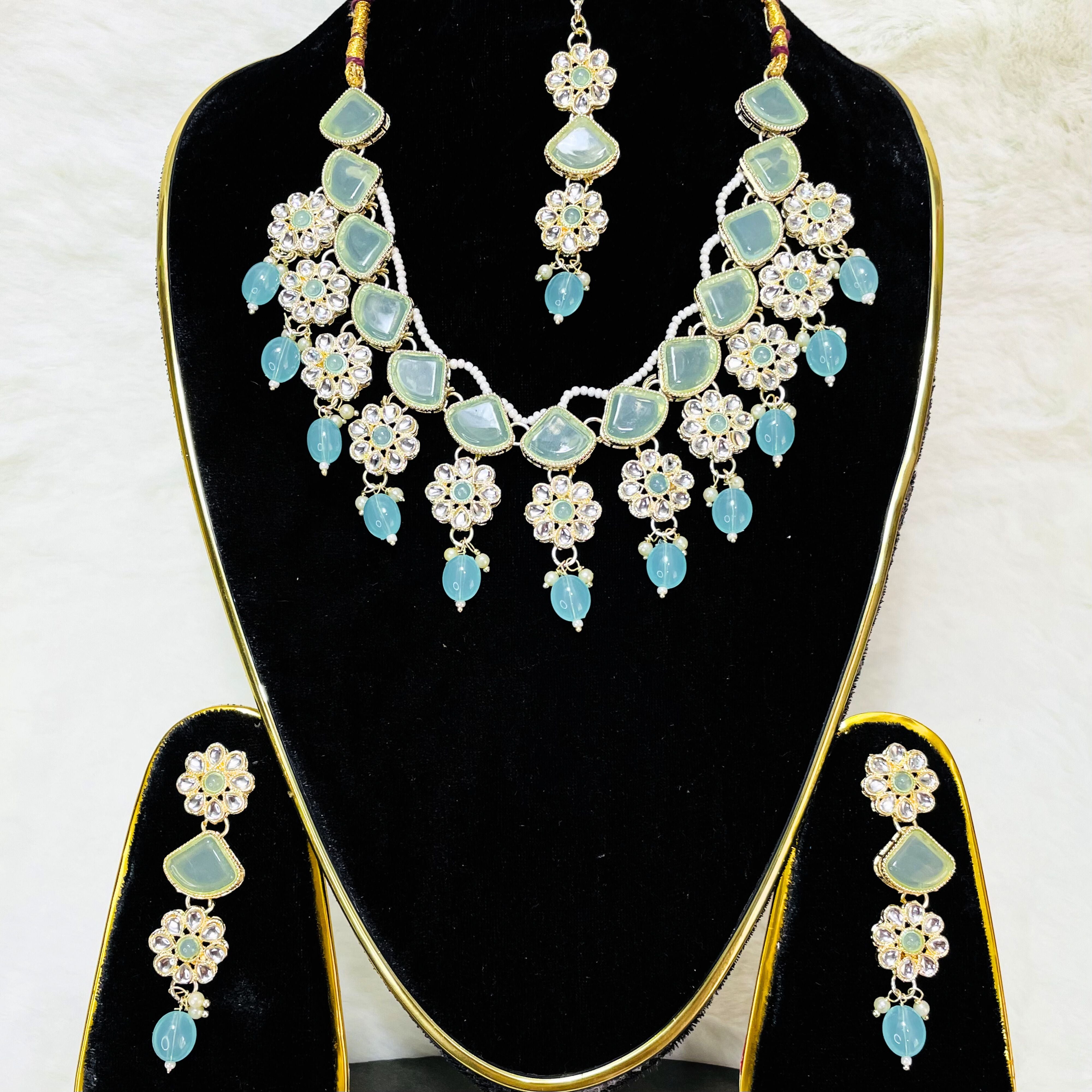 Premium Fancy Stones Necklace & Earrings. Maang Tikka Set
